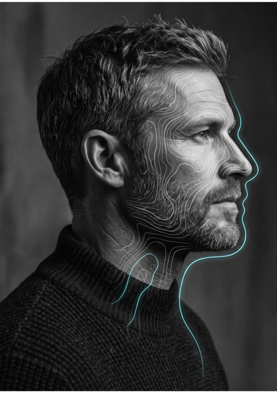 Portret man in profiel, met contourlijnen